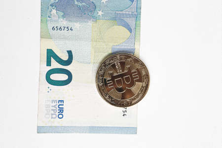 Multi Euro Dollar cash, Different type of new generation banknotes, bitcoinの写真素材