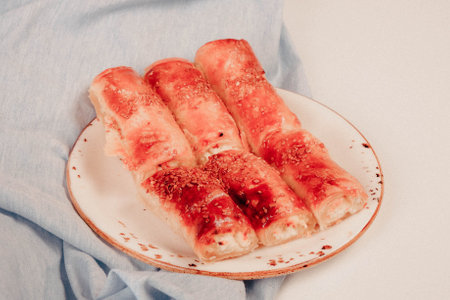 delicious layered pastry with cheese fillingの写真素材