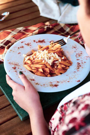 Tasty appetizing classic Italian pasta with a delicious sauce.の写真素材