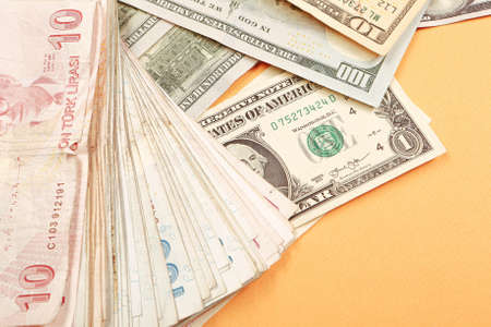 Turkish lira banknotes and US Dollarsの写真素材