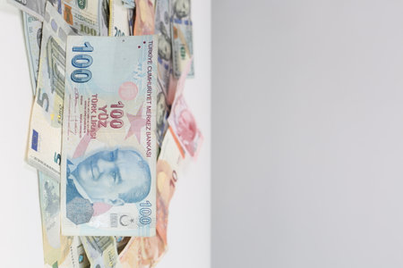 Multi Euro Dollar cash and coin, Different type of new generation banknotes, bitcoin, turkish liraの写真素材