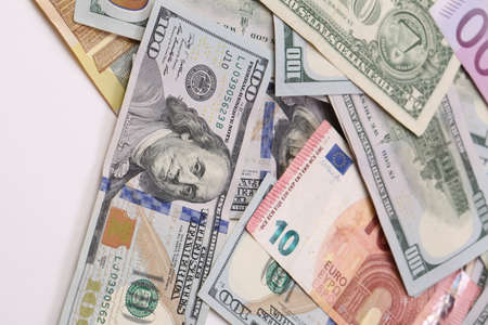 Multi Euro Dollar cash and coin, Different type of new generation banknotes, bitcoin, turkish liraの写真素材