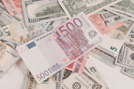 Multi Euro Dollar cash and coin, Different type of new generation banknotes, bitcoin, turkish liraの写真素材