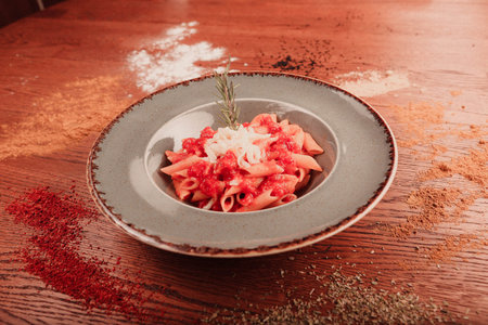 Tasty appetizing classic Italian pasta with a delicious sauce.の写真素材