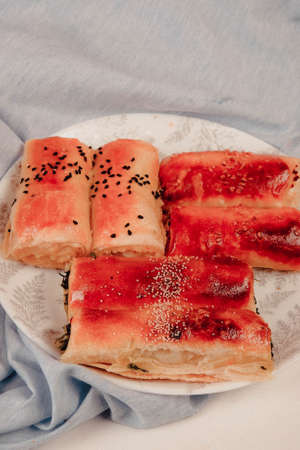 delicious layered pastry with cheese fillingの写真素材