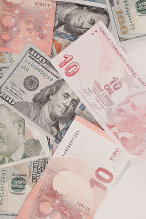 Multi Euro Dollar cash and coin, Different type of new generation banknotes, bitcoin, turkish liraの写真素材