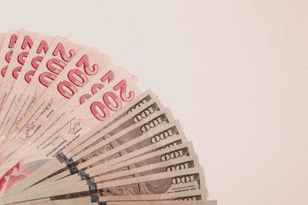 Turkish lira banknotes and US Dollarsの写真素材