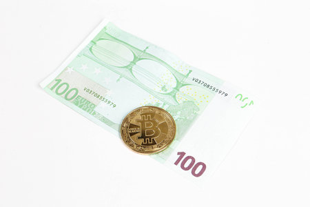 Multi Euro Dollar cash, Different type of new generation banknotes, bitcoin
