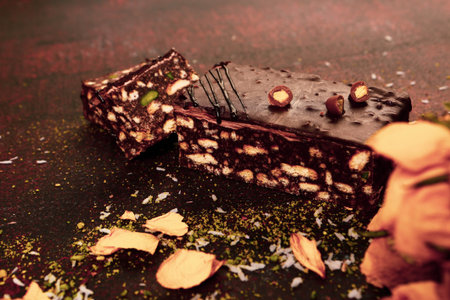 Board with delicious cake on table