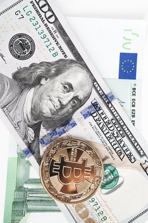 Euro, US Dollars and bitcoin coin