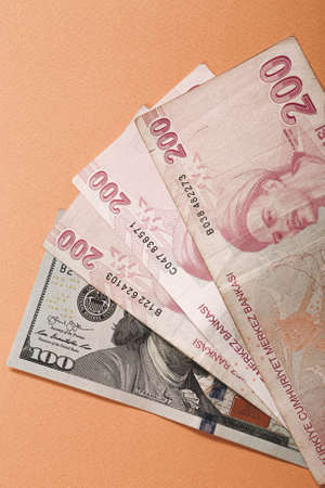 Turkish lira banknotes and US Dollarsの写真素材