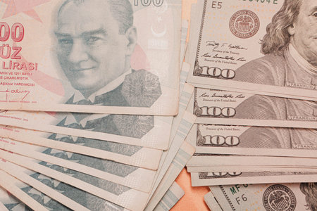 Turkish lira banknotes and US Dollars