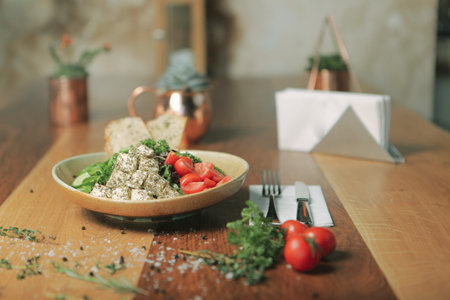 Fresh salad plate with mixed greensの写真素材