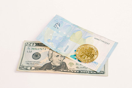 Euro, US Dollars and bitcoin coin