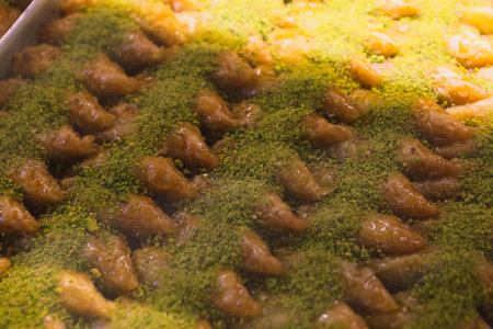 Traditional turkish dessert baklava with cashew, walnuts. Homemade baklava with nuts and honey.