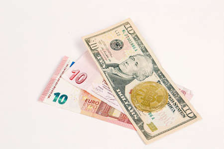 Multi Euro Dollar cash and coin, Different type of new generation banknotes, bitcoin, turkish liraの写真素材