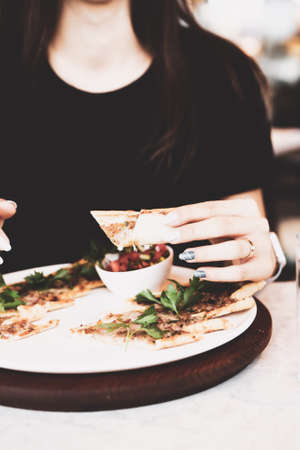 Traditional turkish baked dish pide. Turkish pizza pide, Middle eastern appetizers. Turkish cuisine. Pita with meat fillingの写真素材