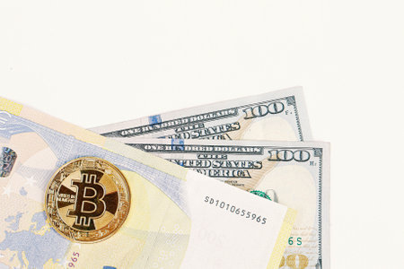 Euro, US Dollars and bitcoin coinの写真素材