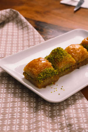 Traditional turkish dessert baklava with cashew, walnuts. Homemade baklava with nuts and honey.の写真素材