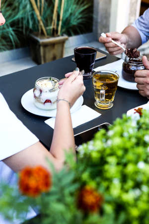 Very delicious dessert in jars, sweet and cakes in jarsの写真素材