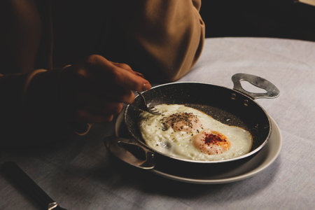 Delicious scrambled egg on the tableの写真素材