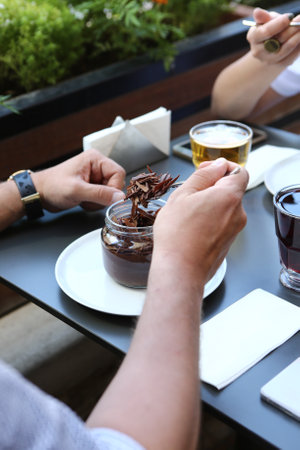 Very delicious dessert in jars, sweet and cakes in jarsの写真素材