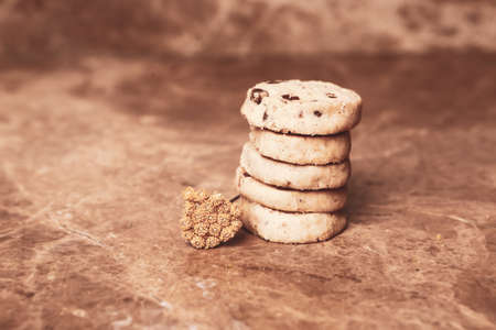 Assorted selection of tea biscuits and chocolate chip cookiesの写真素材