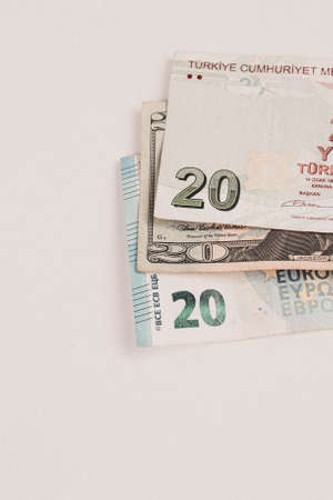 Turkish lira banknotes, US Dollars and Euroの写真素材