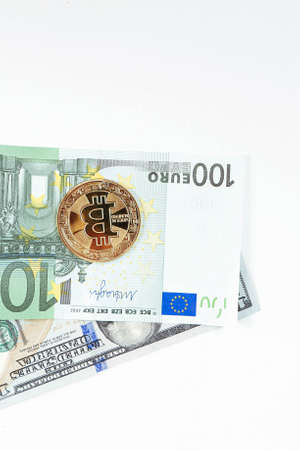 Euro, US Dollars and bitcoin coinの写真素材