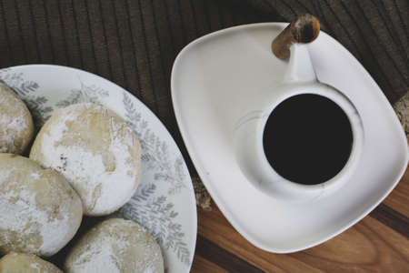 A cup of coffee on the tableの写真素材