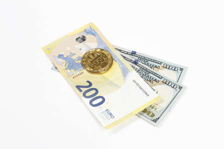 Euro, US Dollars and bitcoin coinの写真素材
