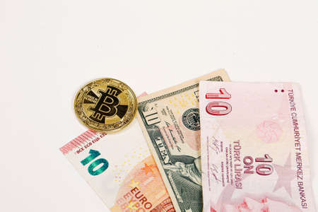 Multi Euro Dollar cash and coin, Different type of new generation banknotes, bitcoin, turkish liraの写真素材
