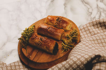 delicious layered pastry with cheese fillingの写真素材