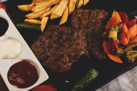 Delicious meat meal on the tableの写真素材