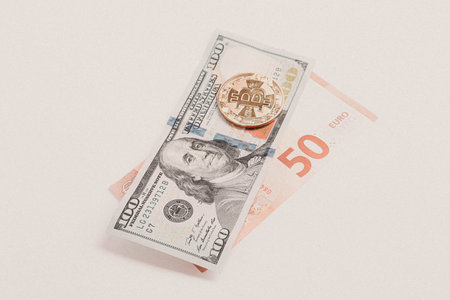 Euro, US Dollars and bitcoin coin