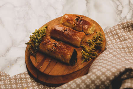 delicious layered pastry with cheese fillingの写真素材