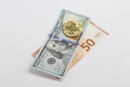 Euro, US Dollars and bitcoin coin