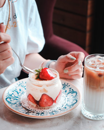 A girl in a white T-shirt and blue jeans is sitting in a cafe and eating a strawberry dessert.