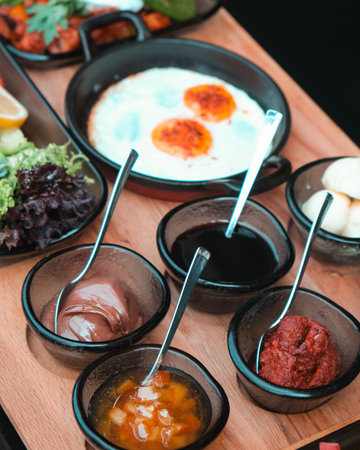 Selective focus point on Catering buffet in hotel restaurant - Vintage Filterの写真素材