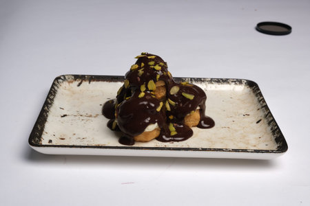 Chocolate dessert with chocolate syrup and nuts on a white background