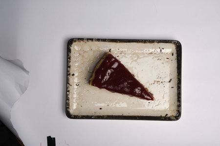 Piece of cake on a white plate, top view