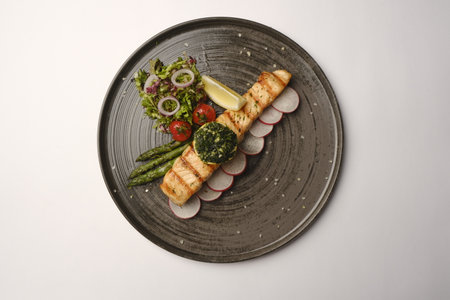 Grilled fish fillet with asparagus, cucumber, cherry tomatoes and herbsの写真素材