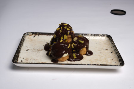 Chocolate profiteroles with chocolate and nuts on a white background