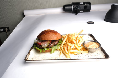 Hamburger with french fries on a white plate. Fast food.の写真素材