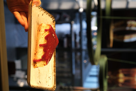 Hand holding a piece of pizza.