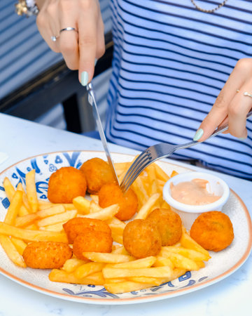Woman eating croquettes with french fries and mayonnaise sauce