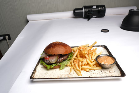 A hamburger with french fries and sauce on a white plate.の写真素材