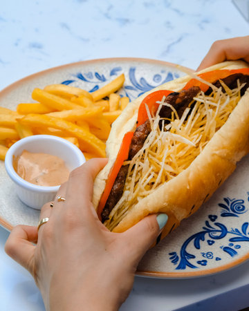 Hamburger with french fries on a plate