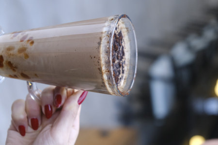 Coffee latte in a glass, close-up.の写真素材