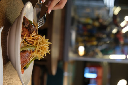 Pork steak with french fries. Selective focus.の写真素材